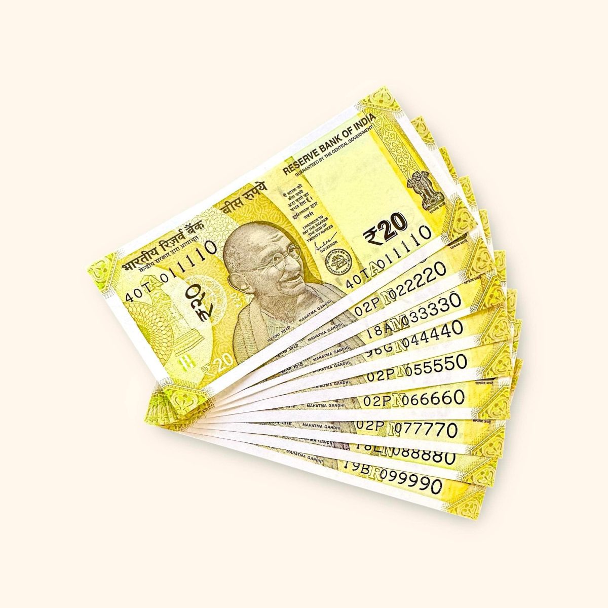 Rs 20 India Banknote Fancy Number Set 011110 till 099990 Gem Unc Very Unique and Rare