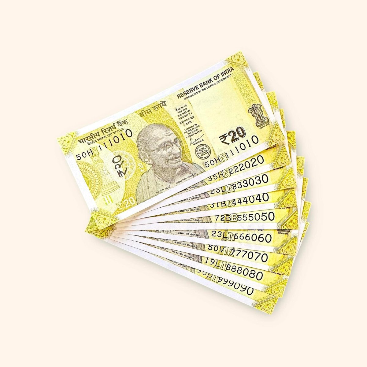 Rs 20 India Banknote Fancy Number Set 111010 till 999090 Gem Unc Very Unique and Rare