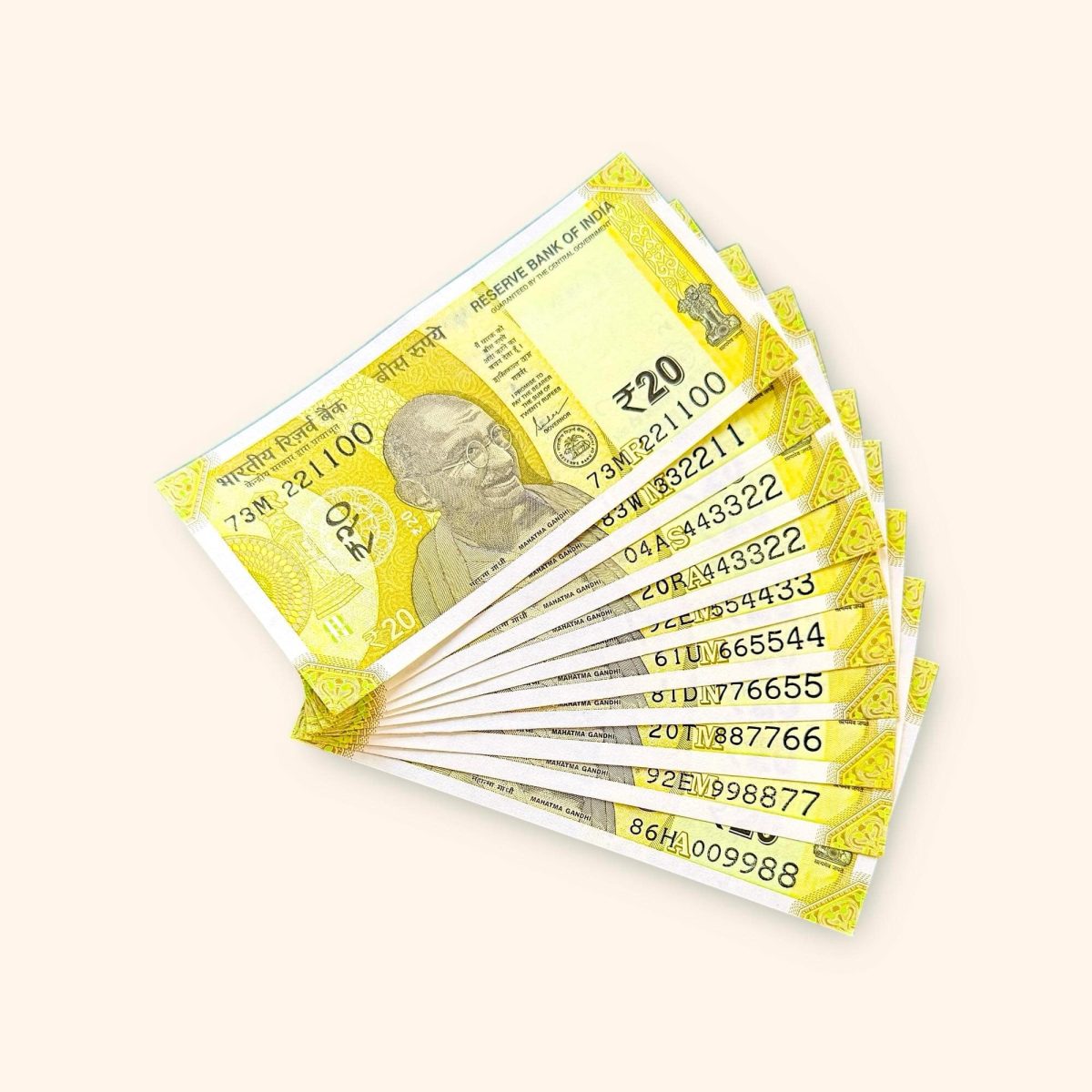 Rs 20 India Banknote Fancy Number Set 221100 till 009988 Gem Unc Very Unique and Rare