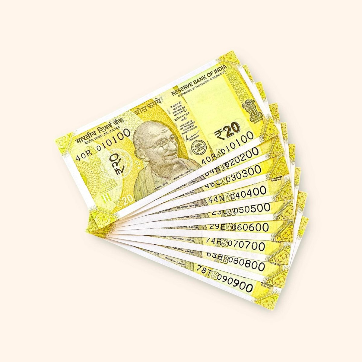 Rs 20 India Banknote Fancy Number Set 010100 till 090900 Gem Unc Very Unique and Rare