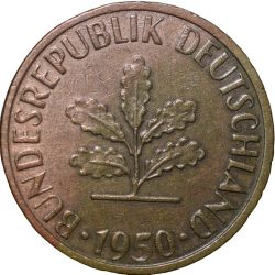 Brass 5 Pfennig of Germany (AD 1950) with Oak Sapling