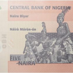 Alternative view of 5 Naira Polymer/Plastic Note of Nigeria Country (AD 2009-2022) with Nkpokiti dancers with drums