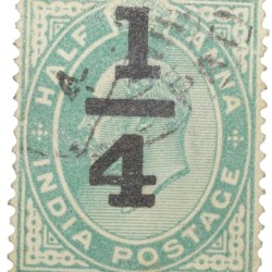 Postal Stamp of Edward VII 1/2 Anna Green Clour - Over Printed 1/4 - Used Condition as per image.