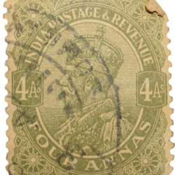 Postal Stamp of George V 4 Annas Olive Green Colour - Used Condition as per Image.