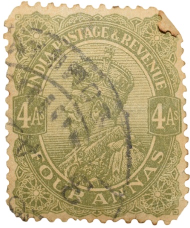 Postal Stamp of George V 4 Annas Olive Green Colour - Used Condition as per Image.