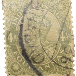 Postal Stamp of George V 4 Annas Olive Green Colour - Used Condition as per Image.
