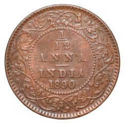 Alternative view of Copper 1/12 Anna of Victoria Empress (AD 1890) of Calcutta Mint Bust Type B Inverted 'V'