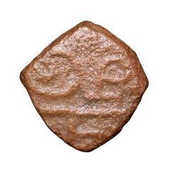 Alternative view of Copper 1/2 Duit of Indo-French (AD 1695) with facing figure of Goddess Kali