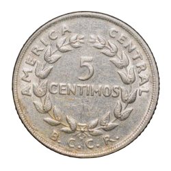 Alternative view of Copper-Nickel 5 Centimos of Costa Rica Country (AD 1969) Coat of Arms Beautiful Grade
