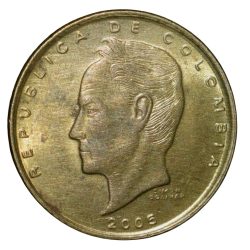 Brass 20 Pesos of Colombia Country (AD 2005) with Portrait of Simón Bolívar About UNC Grade