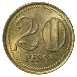 Alternative view of Brass 20 Pesos of Colombia Country (AD 2005) with Portrait of Simón Bolívar About UNC Grade