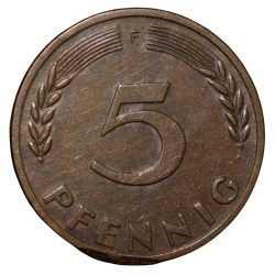 Alternative view of Brass 5 Pfennig of Germany (AD 1950) with Oak Sapling