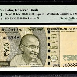 Rs 500 India Banknote Graded By PMG 65 EPQ Issue Year 2022 Signed By Shaktikant Das 8KK 888888 Very unique and Rare