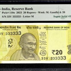 Rs 20 India Banknote Graded By PMG 67 EPQ Issue Year 2023 Signed By Shaktikant Das 33V 333333 Very unique and Rare