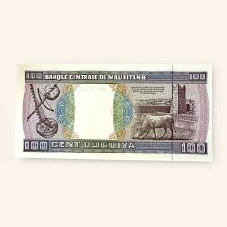 Alternative view of 100 Ouguiya World Banknote from Mauritania dated November 28 2002 Gem Unc Very Unique and rare