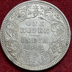 1892 One Rupees Victoria British India Silver AU TYPE Extremely Rare Coin #A-4