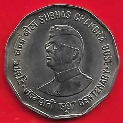 SCARE 2 RUPEES COIN SUBHASH CHANDRA BOSE 1997 HYDERABAD MINT GEM UNC