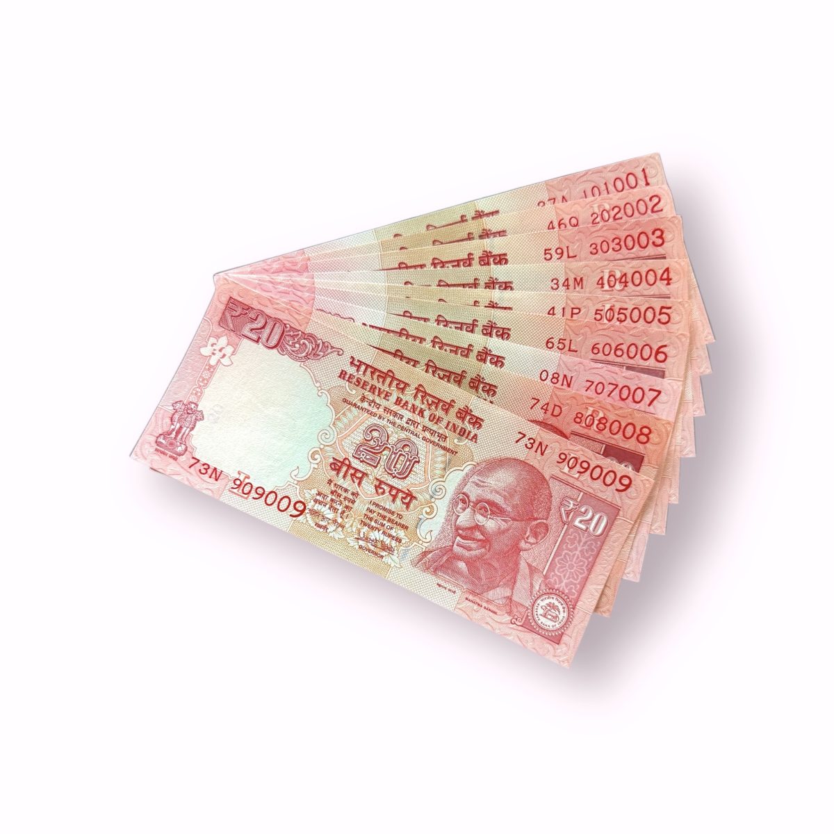 Rs 20 India Banknote 9 note set fancy numbers starting 101001 till 909009 Unique and Rare