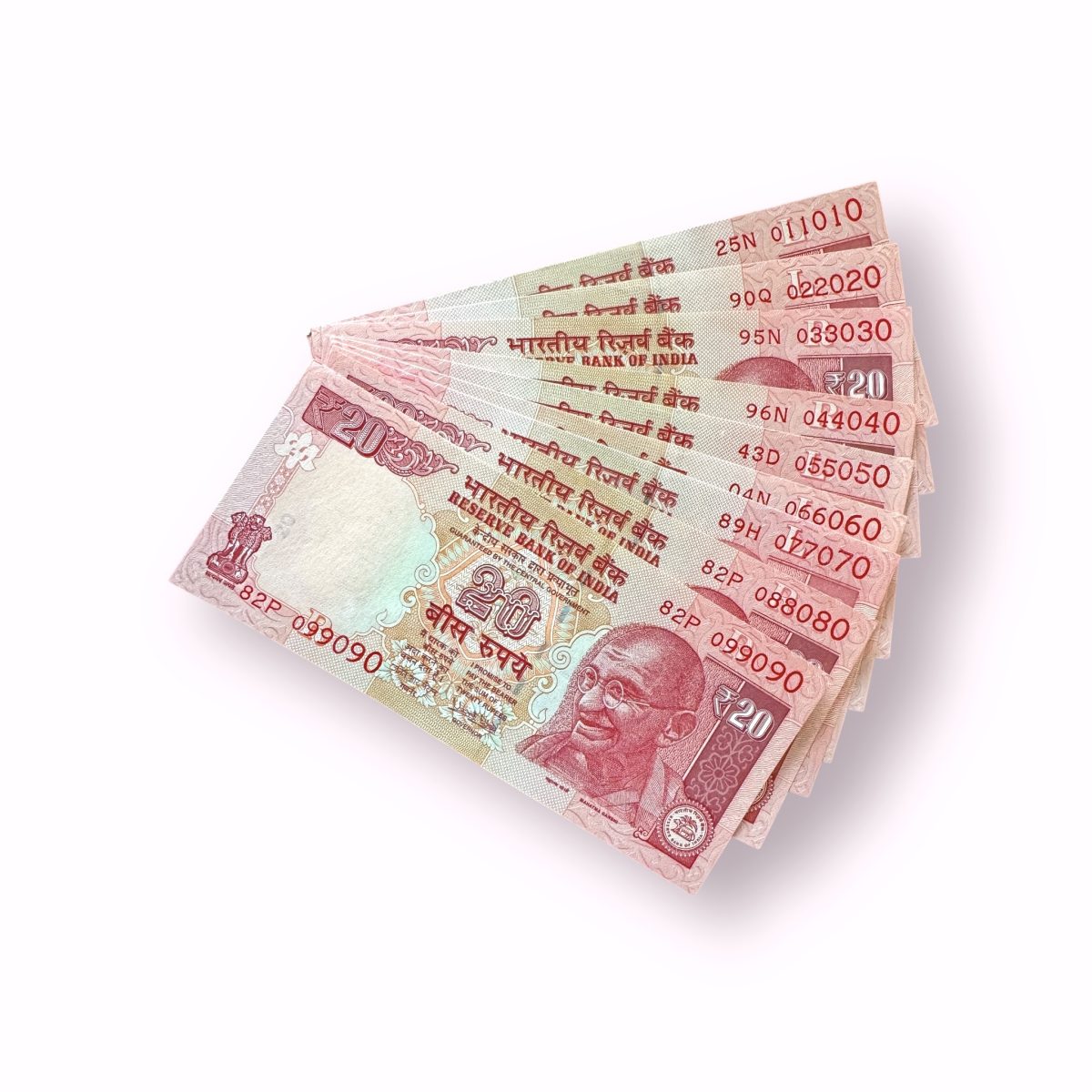 Rs 20 India Banknote 9 note set fancy numbers starting 011010 till 099090 Unique and Rare