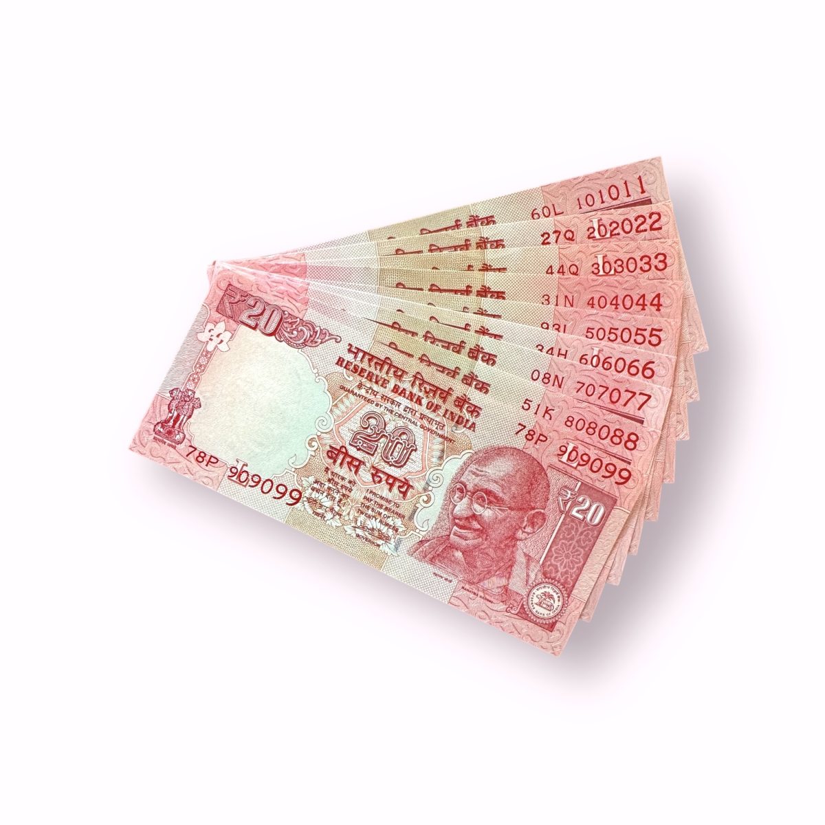 Rs 20 India Banknote 9 note set fancy numbers starting 101011 till 909099 Unique and Rare