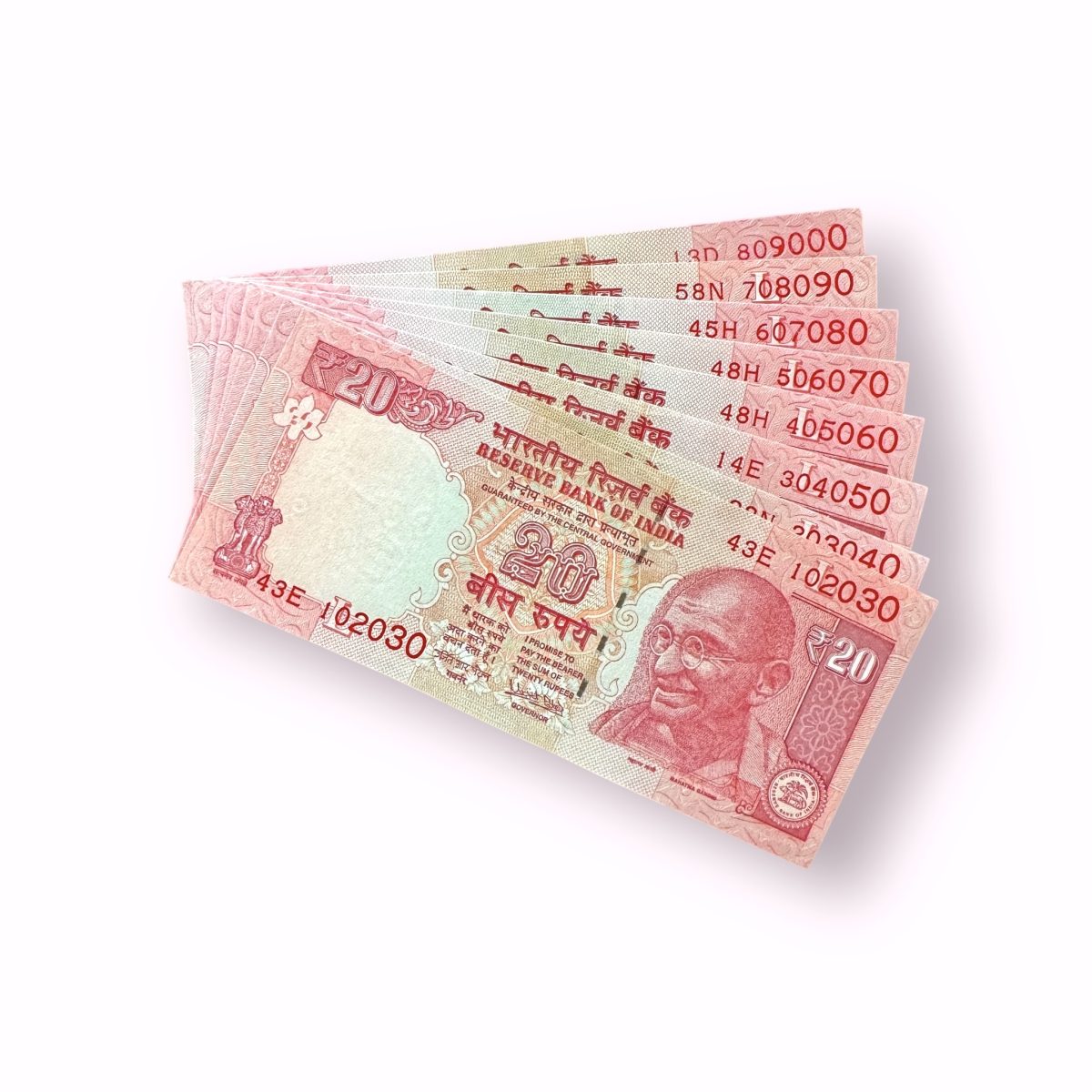 Rs 20 India Banknote 8 note set fancy numbers starting 102030 till 809000 Unique and Rare