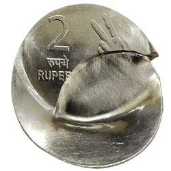 Alternative view of 2 Rupees Fss MUDRA Series Year 2008 Hyderabad Mint DIE CAPPED, OFF STRIKE, INDENT Multiple Errors **RARE** Top UNC Grade.