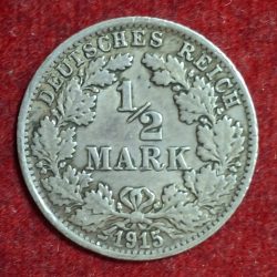 Germany ½ Mark 1915 - Wilhelm II - small shield Rare Silver(.900) coin #M-1002