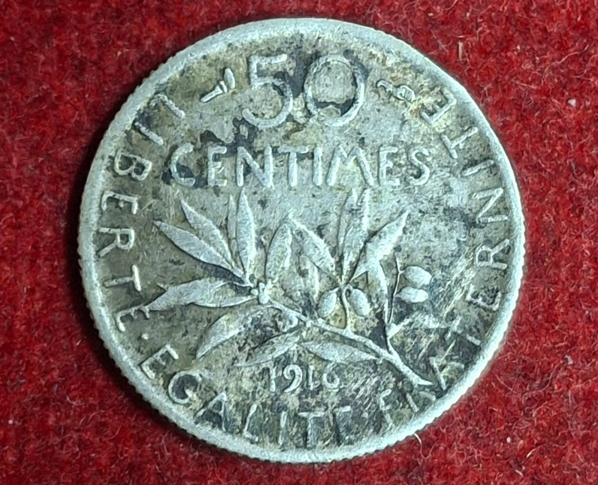 France 50 Centimes 1916 Rare Silver(.900) coin #M-1003