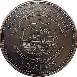 Alternative view of Liberia 5 Dollars 2006 FIFA World Cup in Germany Composition Bronze plated copper (Weight 120 g) very big size Extremely Rare coin