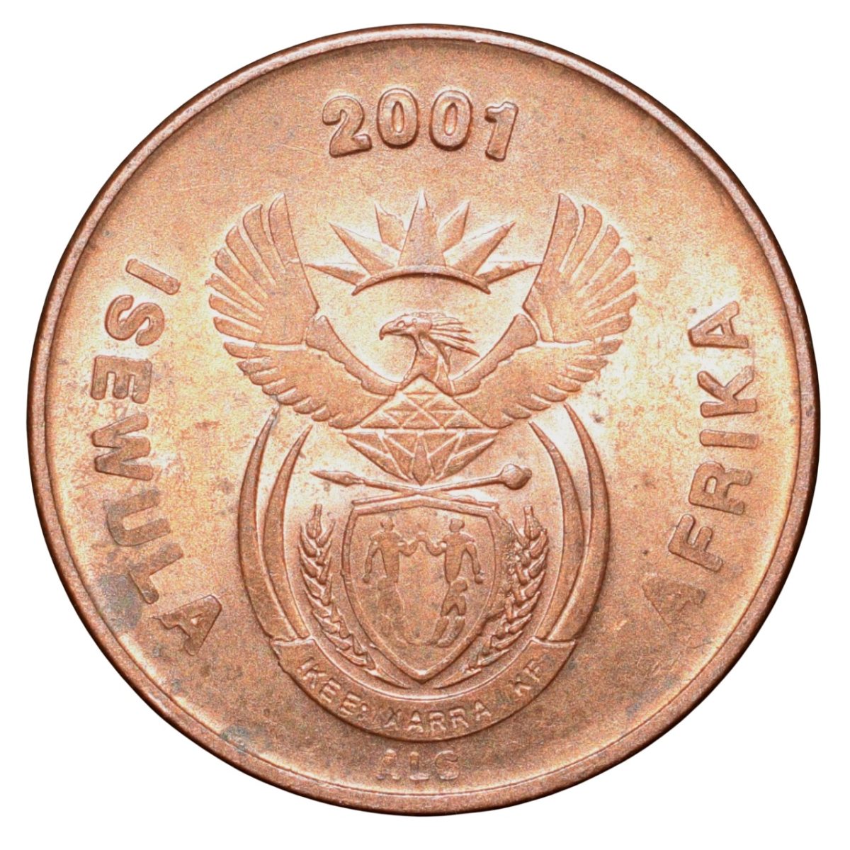 Bronze 1 Cent of South Africa (AD 2001) with Cape sparrows