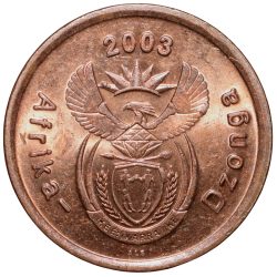 Alternative view of Bronze 5 Cents of South Africa (AD 2003) with Standing blue crane