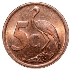 Bronze 5 Cents of South Africa (AD 2003) with Standing blue crane