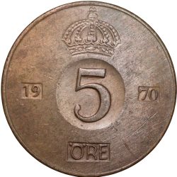 Alternative view of Bronze 5 Ore of Gustaf VI (AD 1970) of Sweden