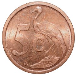 Alternative view of Bronze 5 Cents of South Africa (AD 2004) with Standing blue crane