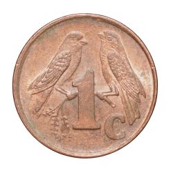 Alternative view of Bronze 1 Cent of South Africa (AD 2000) with Cape sparrows UNC Grade