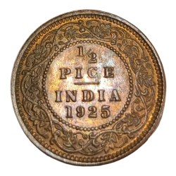 Alternative view of British India Copper HALF PICE Key Year 1925 King GEORGE-V **V. RARE** High UNC Grade.