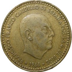 Old Brass 1 Peseta of Spain Country (AD 1966) Francisco Franco