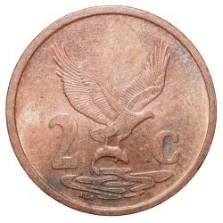 Alternative view of Bronze 2 Cents of South Africa (AD 2000) with Eagle holding a fish with its talons