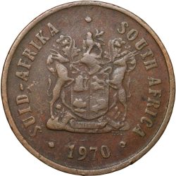 Alternative view of Bronze 1 Cent of South Africa (AD 1970) with Cape sparrows