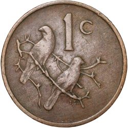 Bronze 1 Cent of South Africa (AD 1970) with Cape sparrows