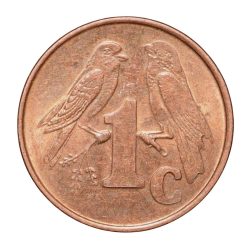 Alternative view of Bronze 1 Cent of South Africa (AD 2001) with Cape sparrows UNC Grade