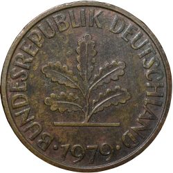 Brass 10 Pfennig of Germany (AD 1979) with Oak Sapling