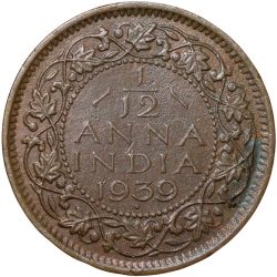 Alternative view of Bronze 1/12 Anna of George VI (AD 1939) of Bombay Mint Scarce