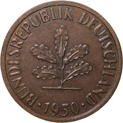 rass 5 Pfennig of Germany (AD 1950) with Oak Sapling