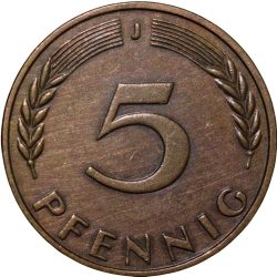 Alternative view of rass 5 Pfennig of Germany (AD 1950) with Oak Sapling