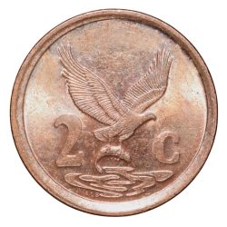 Alternative view of Bronze 2 Cents of South Africa (AD 1998) with Eagle holding a fish with its talons