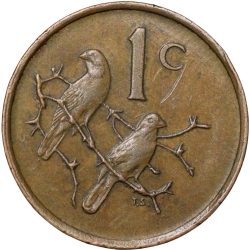 Bronze 1 Cent of South Africa (AD 1985) with Cape sparrows