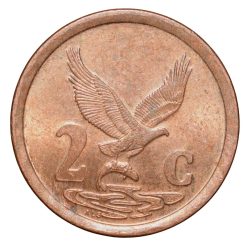 Alternative view of Bronze 2 Cents of South Africa (AD 1998) with Eagle holding a fish with its talons