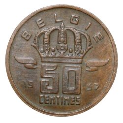 Alternative view of Old Bronze 50 Centimes of Belgium Country (AD 1957) with A Miner