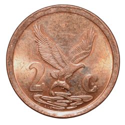 Alternative view of Bronze 2 Cents of South Africa (AD 1997) with Eagle holding a fish with its talons UNC Grade